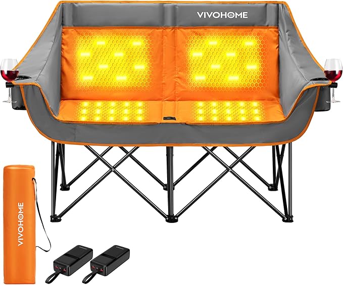 VIVOHOME 45W Padded Heating Double Camping Chair with 2 x 27000mAh Power Bank, Heated Oversized Portable Loveseat for Outdoor Sports, 3 Levels of Heat, Overheat Protection System, Orange and Gray