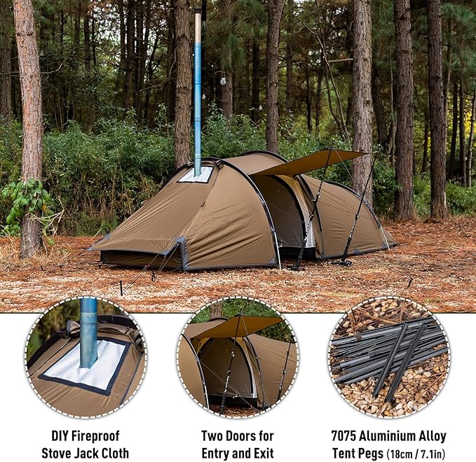 POMOLY Tunnel Tent for 1-2P Camping, Locomotive 2 Chimney Tent for 4 Season Hiking, Backpacking, Hunting (Without a Ground Sheet)