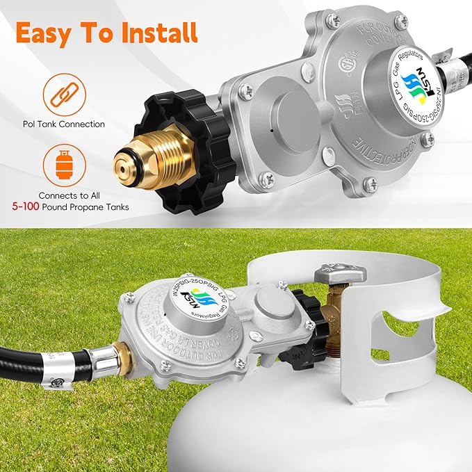 GasSaf 10FT 2 Stage Propane Regulator with Hose, Dual-Stage Propane Regulator for RV, Generator, Camp Stove, Gas Grill, and Heater - CSA Certified