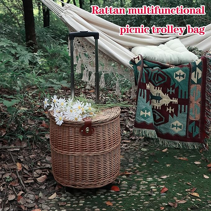 Outdoor Camping Picnic Basket Hand Lever Type Multi-Function Rattan Basket with Rollers Insulation Tableware Storage Box for Outdoor Picnic