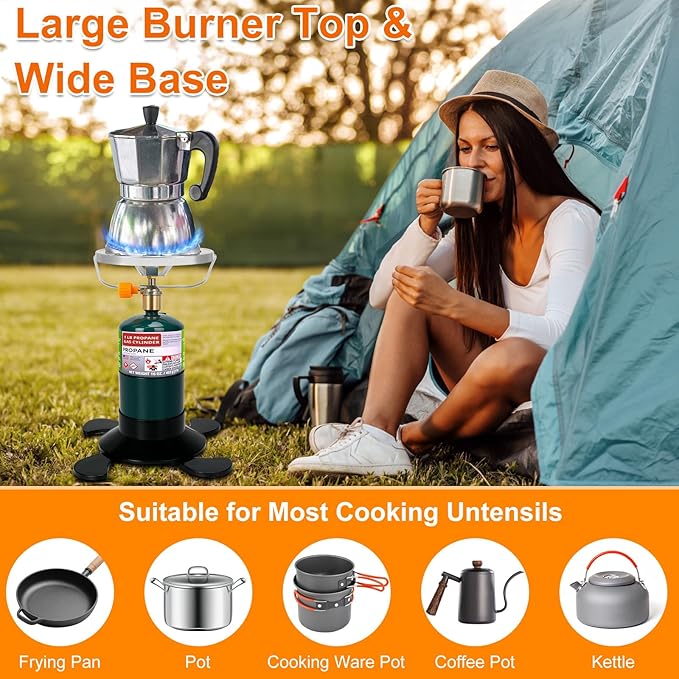 Camping Stove Propane Burner, Portable Camp Stove with Foldable Gas Tank Base, Adjustable Flame Backpacking Cooker for Camping, Small Single Burner Propane Stoves Kit for Hiking Tent Outdoor Cooking