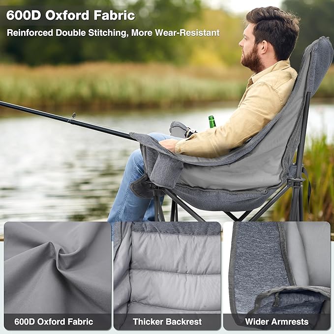 2 Pack Oversized Camping Chair, Portable Folding Padded Camp Chairs with Side Pocket, Cup Holder, Heavy Duty Support 500LBS Outdoor Lounge Chair for Adults, Fishing, Sports, Trip, Grey