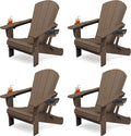 KINGYES Folding Adirondack Chair Set of 4, Dual Cup Holders & All-Weather HDPE, Wood-Like Patio Chair for Backyard, Camping, Pool & Fire Pit, Coffee