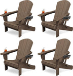 KINGYES Folding Adirondack Chair Set of 4, Dual Cup Holders & All-Weather HDPE, Wood-Like Patio Chair for Backyard, Camping, Pool & Fire Pit, Coffee