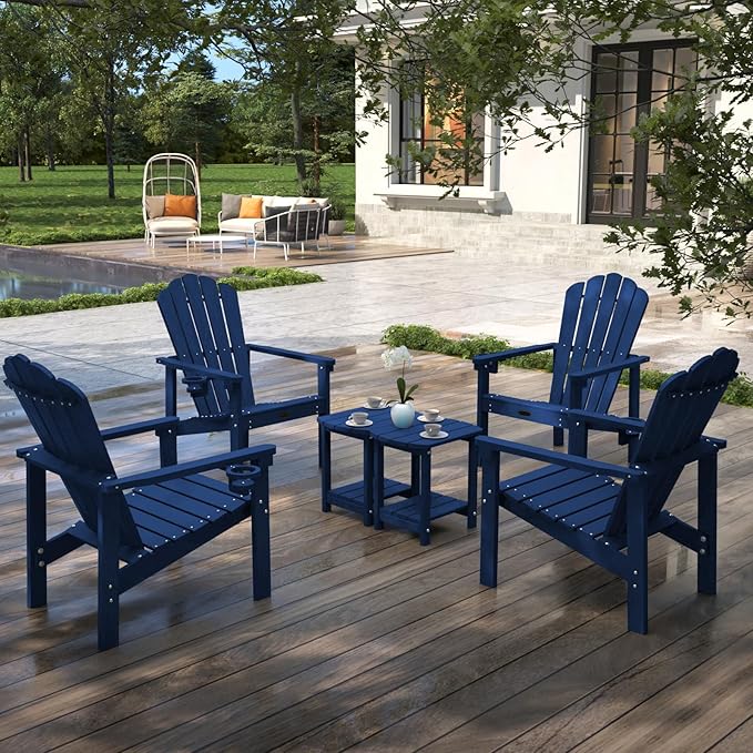 Stackable Adirondack Chair Set of 4, HDPE All-Weather Adirondack Chairs - Durable and Space Saving, Plastic Outdoor Fire Pit Chairs with Cup Holder,Navy Blue