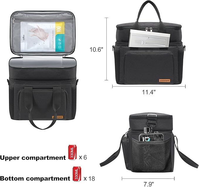 Lunch Bag-Double Deck Insulated Lunch Box for Men Women, Soft Leakproof Thickened Cooler Bag for Work , Picnic, Outdoor, Camping, Travel (Black，15L)