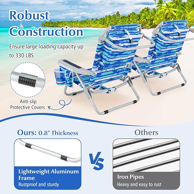 GYMAX Beach Chair, 330lbs Backpack Lounger with 5-Position Backrest, Storage Bag, Side Pocket, Towel Bar & Headrest, Foldable Low Beach Lounge, Portable Aluminum Lay Out Camp Chair (Blue Stripe,2)