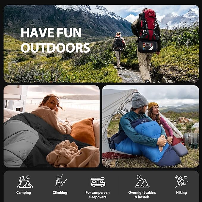 Single Sleeping Bag for Adults Kids 3-Season, Lightweight Waterproof Ripstop, Dual Zipper Bottom Vent, Compression Sack, Portable Camping Hiking Backpacking Gear