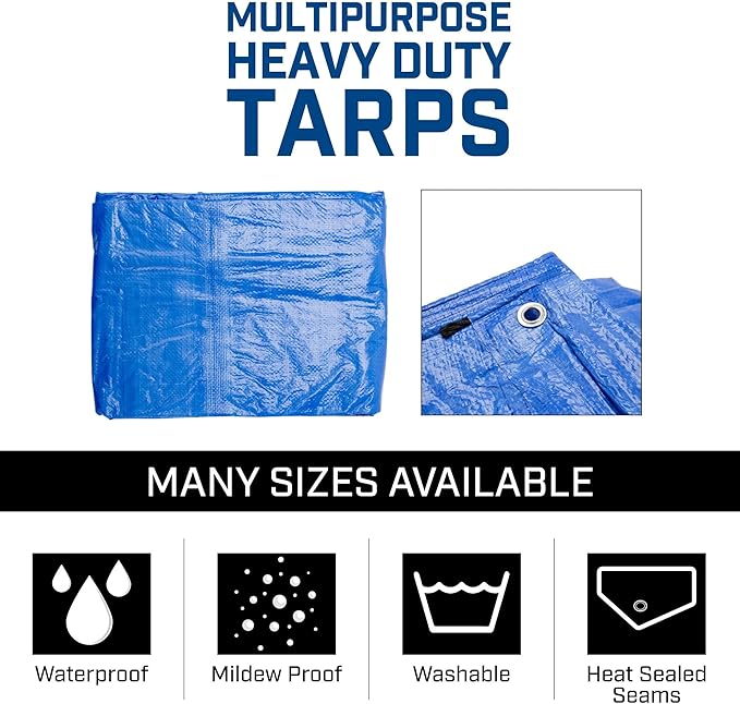 Grizzly Tarps by B-Air 10' x 14' Large Multi-Purpose Waterproof Heavy Duty Poly Tarp with Grommets Every 36", 8x8 Weave, 5 Mil Thick, for Home, Boats, Cars, Camping, Protective Cover, Blue