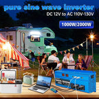 1000W Pure Sine Wave Inverter DC 12V to AC 110V/120V Converter 2000w (Peak) Car Power Converter with 3 AC Outlets, 4USB Port,Power Inverter for Car, Truck, Home, Vehicles, Laptop