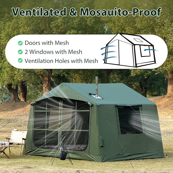 Inflatable Camping Tent with Hand Pump Waterproof Outdoor Blow up Tent 2-8 Person Oxford 4 Season Glamping Air Tent Cabin House with Mesh Windows & Door
