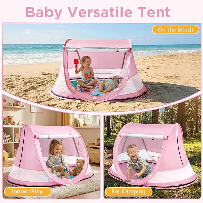 Baby Beach Tent, Pop Up Beach Tent Sun Shade for Beach, UPF 50+ UV Protection Sun Shelters for Infants with Carry Bag for Outdoor Travel, Camping(Pink)