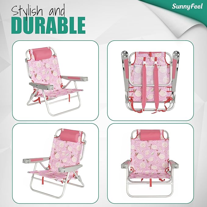 SUNNYFEEL Extra Wide 28" Low Beach Chair 5 Position Lay Flat, XL Oversized Portable Folding Camping Chairs with Cup Holder for Outdoor/Trip, Lightweight Foldable Backpack Beach Chair for Adults
