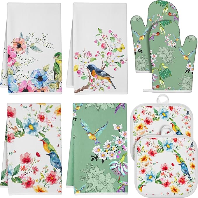 8 Pcs Birds Kitchen Gift Dish Towel Pot Holder Oven Mitt Set 4 Tent Car Tea Towels with Funny Sayings Novelty 2 Oven Mitts 2 Pot Holders Coffee Accessories Decor for Rv