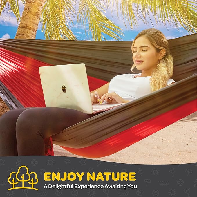 Durable Hammock 500 lb Capacity, Nylon Camping Hammock Chair - Double or Single Sizes w/Tree Straps and Attached Carry Bag - Portable for Travel/Backpacking/Beach/Backyard (Large, Khaki & Dark Green)