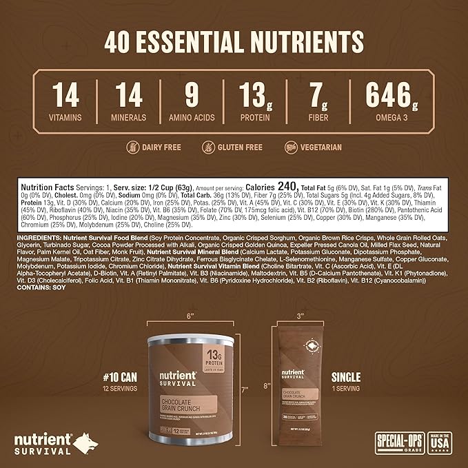 Nutrient Survival MRE Cereal, Chocolate Grain Crunch (12 Servings) Freeze Dried Prepper Supplies & Emergency Food Supply, Dairy & Gluten Free, Shelf Stable Up to 25 Years, One Can