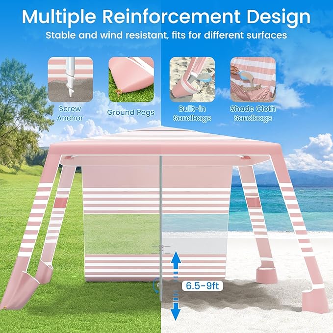 MoKo Beach Cabana, 8'×8' Large Beach Canopy with Side Wall, UPF 50+ Protection Easy Setup Beach Tent Sun Shelter, Adjustable Height Wind Resistant Cabana Beach Tent for Whole Family, Pink Stripe