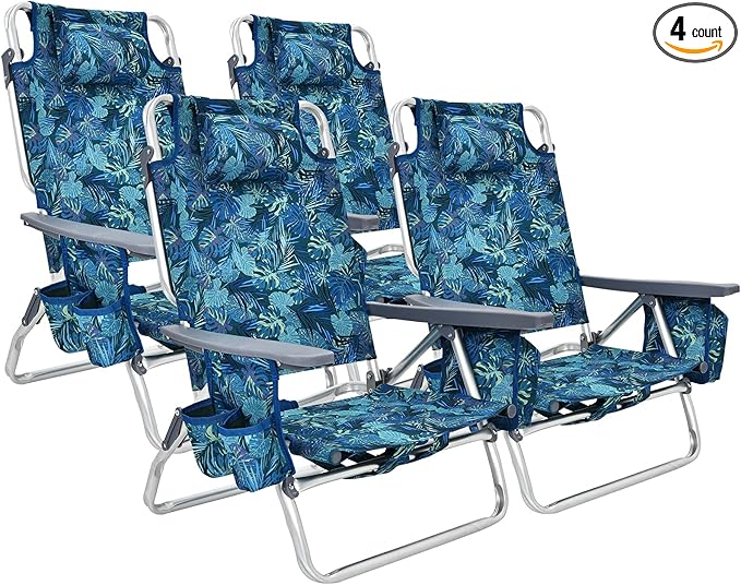 Giantex Folding Beach Chair, Patio Sling Chairs with 5 Adjustable Position, Head Pillow, Storage Bag, Towel Bar, Cup Holders, Backpack Chairs for Sunbathing, Camping Chair