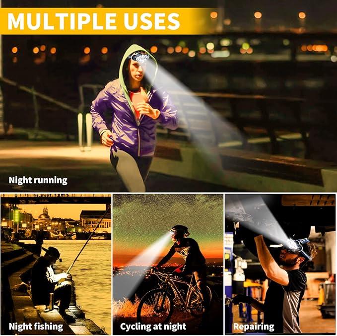 Rechargeable Headlamp, 8 LED 18000lm IPX4, Red Light Flashlight, USB Cable 8 Modes Outdoors Camping Running Fishing Hiking (Yellow Headband)