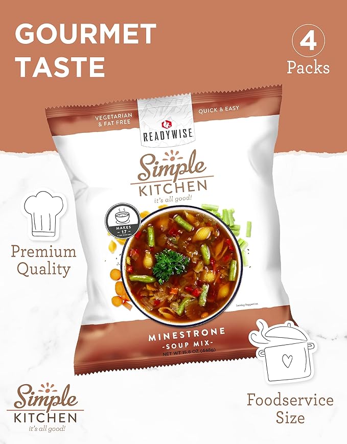 READYWISE - Simple Kitchen, Minestrone Soup Mix, 17 Servings Per Pack, MRE, Vegetarian, Hiking, Camping Essentials, Food, Soup Mix, for Events, Emergency Food Supply, or Daily Use, Pack of 4