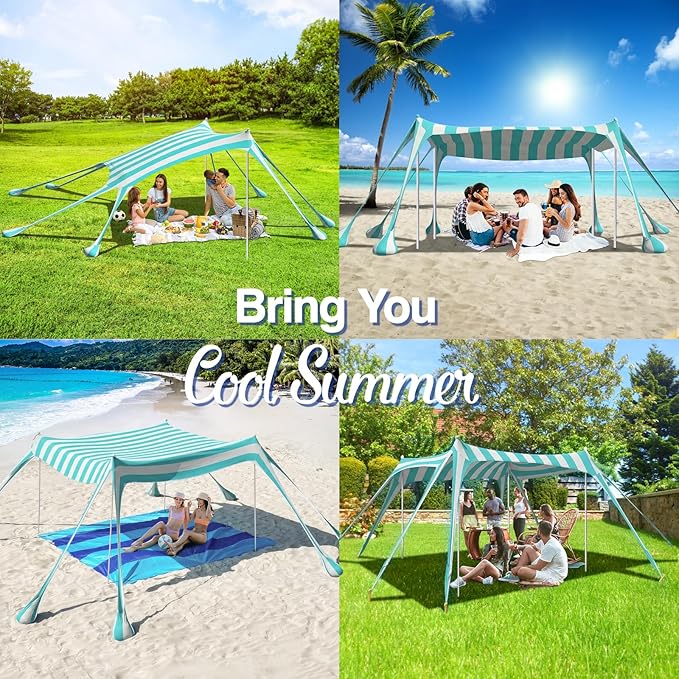 Rhino Valley Beach Tent Shade Canopy UPF50+ Protection, 8 Sandbags, 4 Stability Poles, Outdoor Sun Shelter Umbrella for Sand, Camping, Fishing Essentials