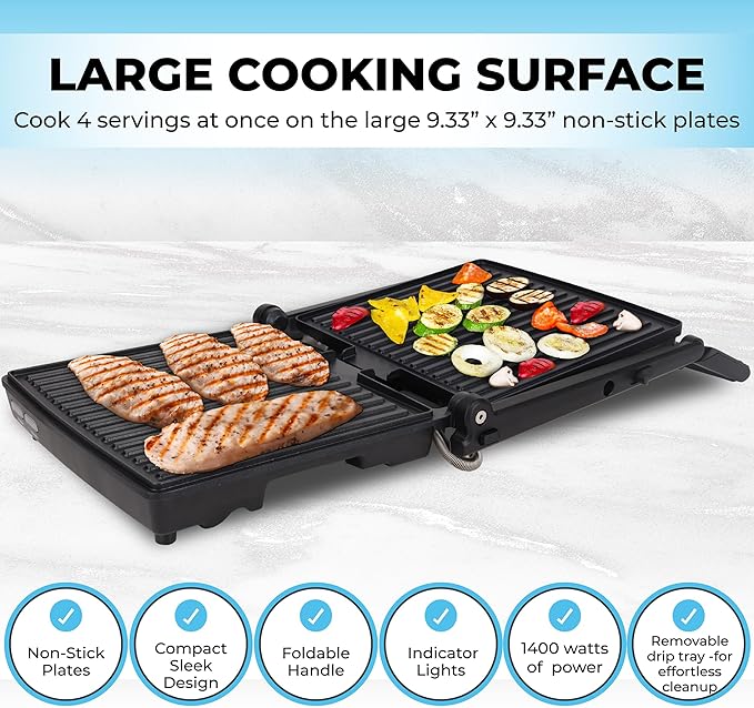 Courant Panini Press Gourmet Sandwich Maker, Super Slim Design with Foldable Handle, 4 Servings Grill with Non-Stick Plates, Opens 180° for Table Grill, Stainless Steel 1400 Watts