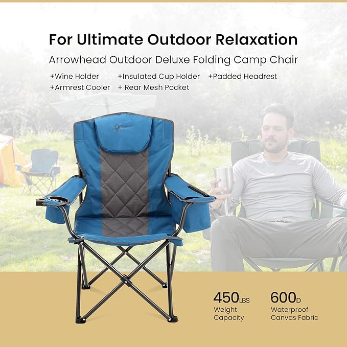 ARROWHEAD OUTDOOR 2-Pack Portable Deluxe Folding Camp Quad Chair w/Headrest, Glass & Cup Holders, Armest 6-can Cooler, Heavy Duty Carry Bag, 550 lbs Weight Capacity