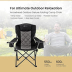 ARROWHEAD OUTDOOR Portable Deluxe Folding Camp Quad Chair w/Headrest, Glass & Cup Holders, Armest 6-can Cooler, Heavy Duty Carry Bag, 550 lbs Weight Capacity