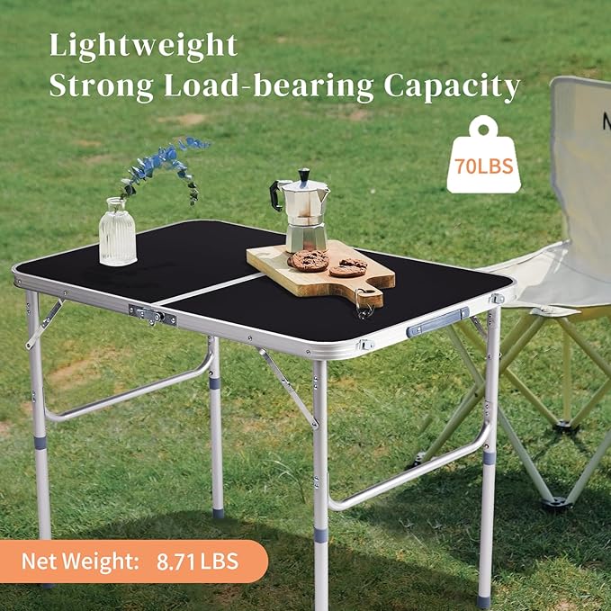 3ft Small Folding Camping Table Portable Lightweight Fold Up Utility Side Tables with Carrying Handle, Outdoor Aluminum Fold in Half Dining Card Table for Picnic Party Events (Black)
