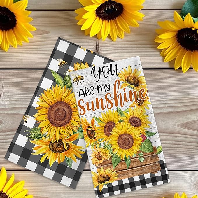Sunflower Kitchen Towels, You are My Sunshine Dish Towels Set of 2, Farmhouse Sunflower Kitchen Decor, Summer Floral Buffalo Plaid Yellow Hand Towels for Housewarming (18x26 Inches)