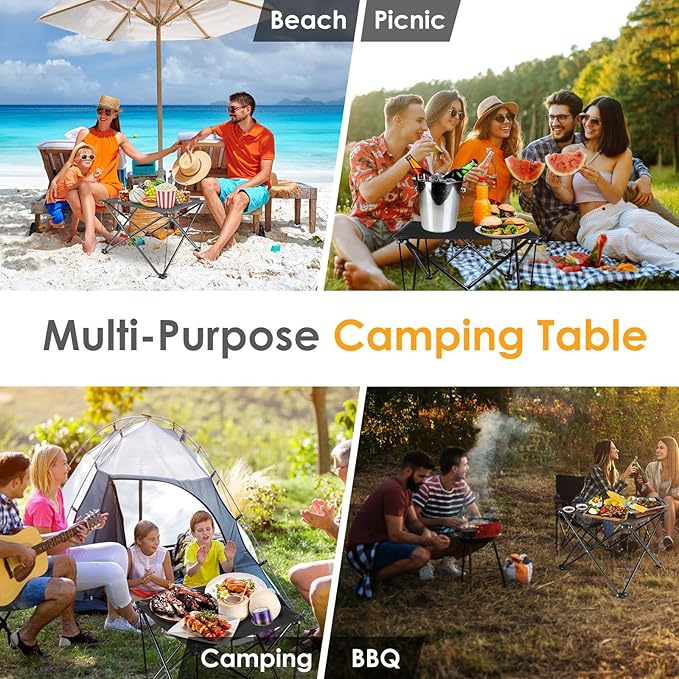 Portable Camping Table, Ultralight Picnic Table Foldable with 2 Cup Holders and Carrying Bag for Outdoor Camping Picnic BBQ Beach Party Patio Fishing, Steel Frame, High-Grade 600D Oxford Fabric 2