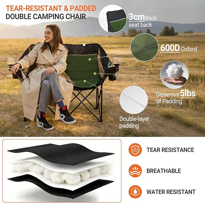 Double Camping Chair for Adults - Heavy Duty 700LB Oversized Padded Camping Loveseat, 2 Person Folding Outdoor Chair with Cup Holders for Lawn, Backyard (Green)
