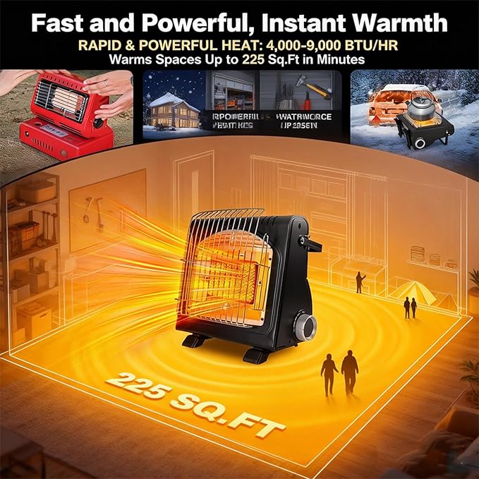Upgraded 2 In 1 Portable Indoor Butane Heater & Stove with Self Ignition, Safe & Cordless Non Electric Heaters, Butane Emergency Heater for Power Outage, For Camping, Tents, Outdoor (New Black)