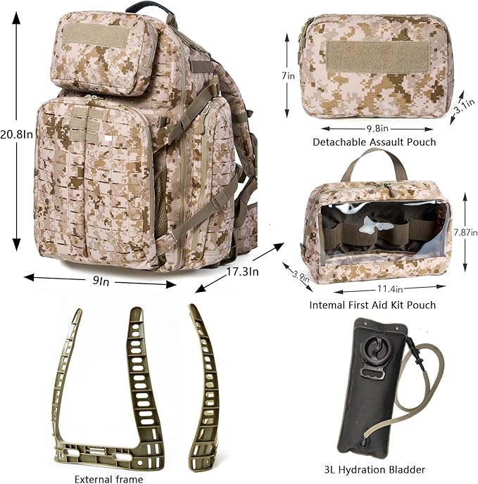 MT Military 3Day Rucksack with External Frame MOLLE Army Medium Ruck, Assault Backpack