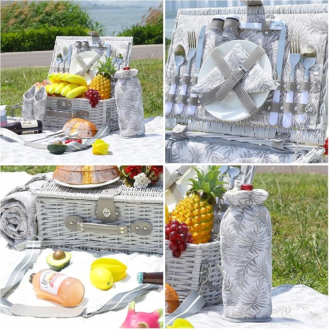 Picnic Basket for 2 with Blanket, Willow Picnic Basket Set with Shoulder Strap&Wine Pouch, Large Willow Hamper with Insulated Cooler for Outdoor, Camping, Beach, Couples, Wedding Gift