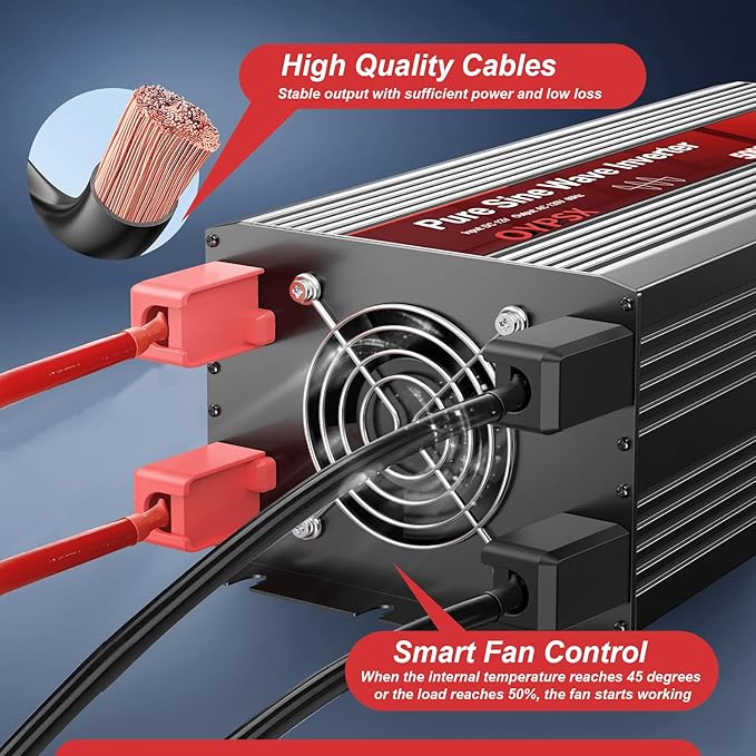 5000W Power Inverter 12V to 110V 120V AC Pure Sine Wave Inverters for RV Truck Camping,Outdoor Off-Grid Power Converter with LCD Display,Wired Controller,AC Outlets USB Ports(12V-5000Watt)