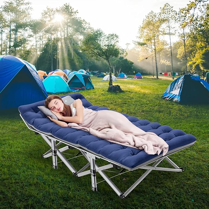LILYPELLE Folding Camping Cot, Extra Wide Heavy Duty Sleeping Cots with Carry Bag, Double Layer Oxford Portable Travel Camp Cots for Home, Office Nap and Outdoor Beach