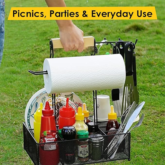 BBQ Grill Caddy with Paper Towel Holder, Utensil & Condiment Organizer, Large Metal BBQ Caddy for Outdoor Grill, Camping, RV, Tailgating, Picnic, Patio, Gifts for Men