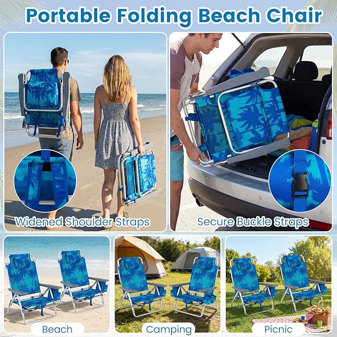 Goplus Beach Chair, Folding Backpack Beach Chairs for Adults with 5 Positions, Head Pillow, Cooler Bag, Towel Bar, Cup Holders, Sunbath Sling Tanning Lounge, Foldable Layout Camping Chairs