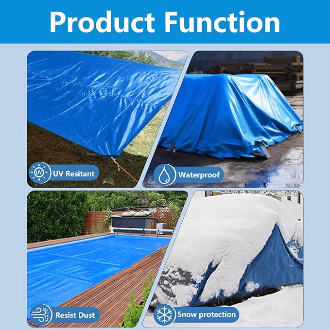 Heavy Duty Waterproof Tarp 6x8 FT, 6 Mil Thick Tarpaulin Cover with Reinforced Edges & Grommets - for Outdoor Camping, Roof, Boat, RV, Pool, Tent - Includes Utility Rope