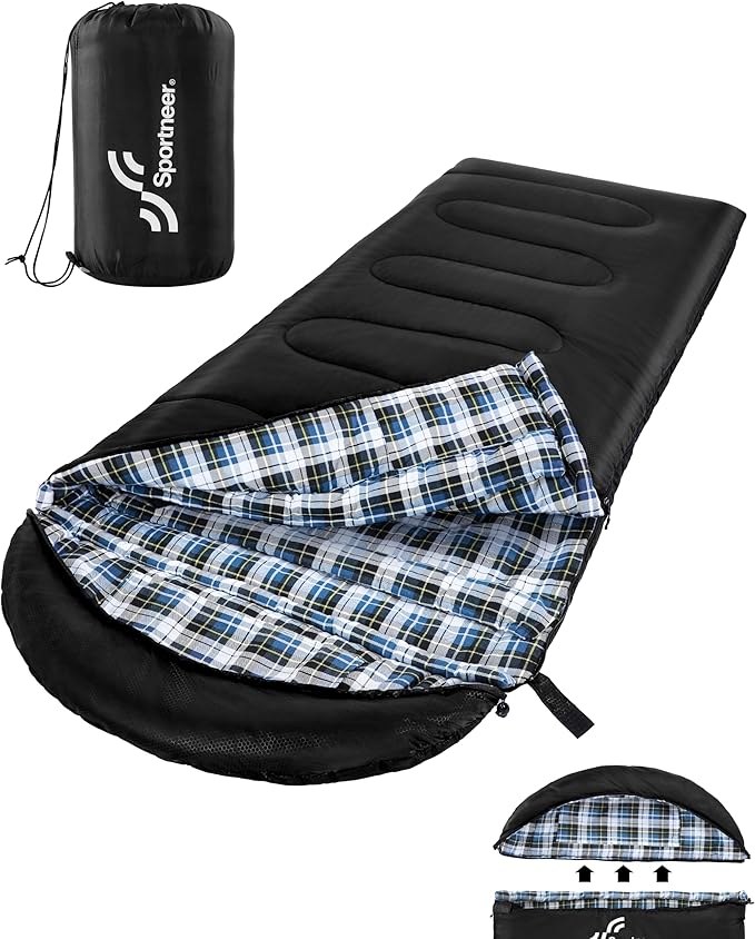 Sportneer Sleeping Bags for Adults, 0 Degree Sleeping Bag XL Flannel Winter Cold Weather Sleeping Bag with Detachable Hood Compression Sack for Camping, Backpacking, Hiking