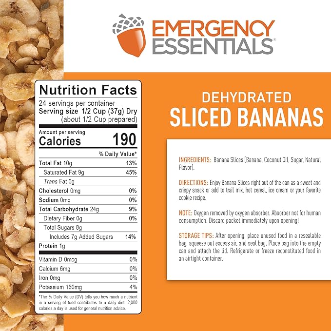 Emergency Essentials, Dehydrated Banana Slices, Emergency Food Supplies, 10-Year Shelf Life, 24 Servings