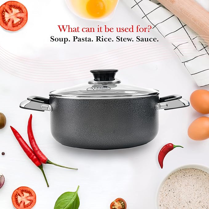 Alpine Cuisine 3 Quart Non-stick Stock Pot with Tempered Glass Lid and Carrying Handles, Multi-Purpose Cookware Aluminum Dutch Oven for Braising, Boiling, Stewing