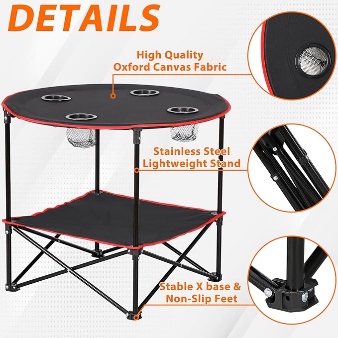 SUPER DEAL Portable Folding Picnic Camping Table with Storage Bag and 4 Cupholders, 2-Tiers Round Outdoor Camping Beach Table, Black