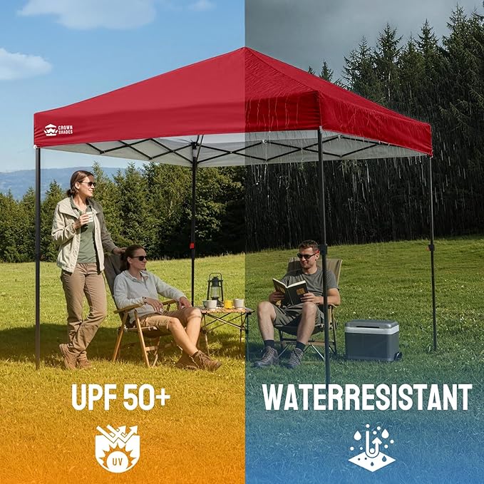 CROWN SHADES 8x8 Pop Up Canopy - Patented Center Lock One Push Instant Outdoor Canopy Beach Tent with STO-N-Go Bag 8 Stakes & 4 Sand Bags,Red