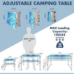 VILLEY Folding Camping Table 4FT, Large Portable Aluminum Table with Adjustable Height, Foldable Lightweight Picnic Table with Carry Handle for Camping, BBQ, Outdoor & Indoor Activities