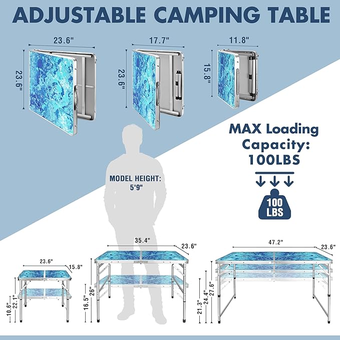 VILLEY Folding Camping Table 4FT, Large Portable Aluminum Table with Adjustable Height, Foldable Lightweight Picnic Table with Carry Handle for Camping, BBQ, Outdoor & Indoor Activities