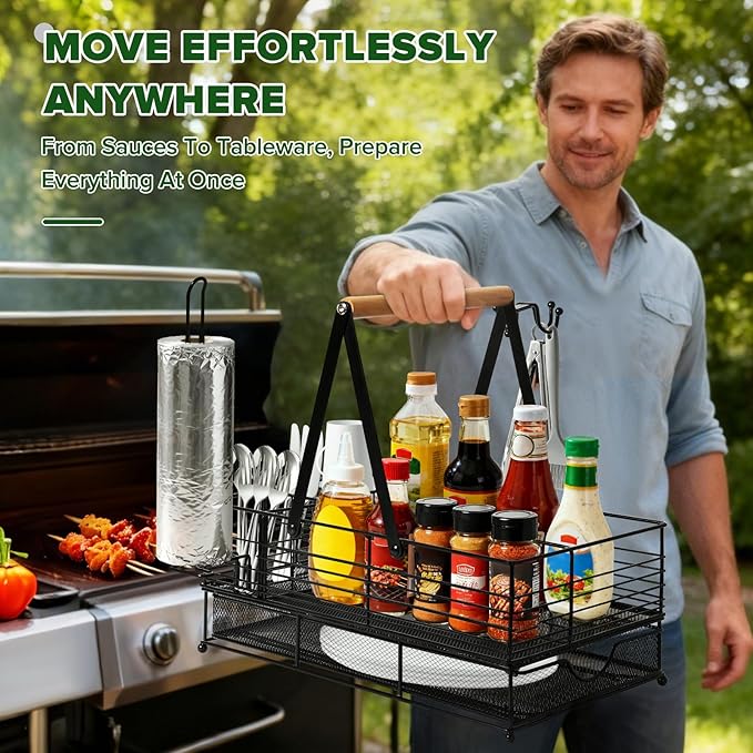 Grill Caddy, BBQ Caddy with Paper Towel Holder, Blackstone Griddle Organizer, Plate and Utensil Holder Organizer for Outdoor Grill, Picnic, Camping, Condiment Storage for Kitchen Counter