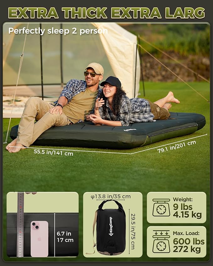 KingCamp Gorgeous Double 6.7" Camping Mattress with Washable Foam Cover, Extra-Thick Full Size Inflable Mattress with Pump Sack, Portable Double Mattress for Camp Outdoor Tent, Car & Guest