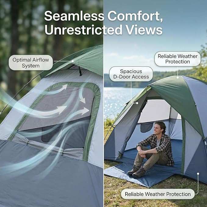 XL 4 Person Dome Camping Tent, Double Layer Waterproof, Removable Rain Fly, for Outdoor Hiking, Fishing